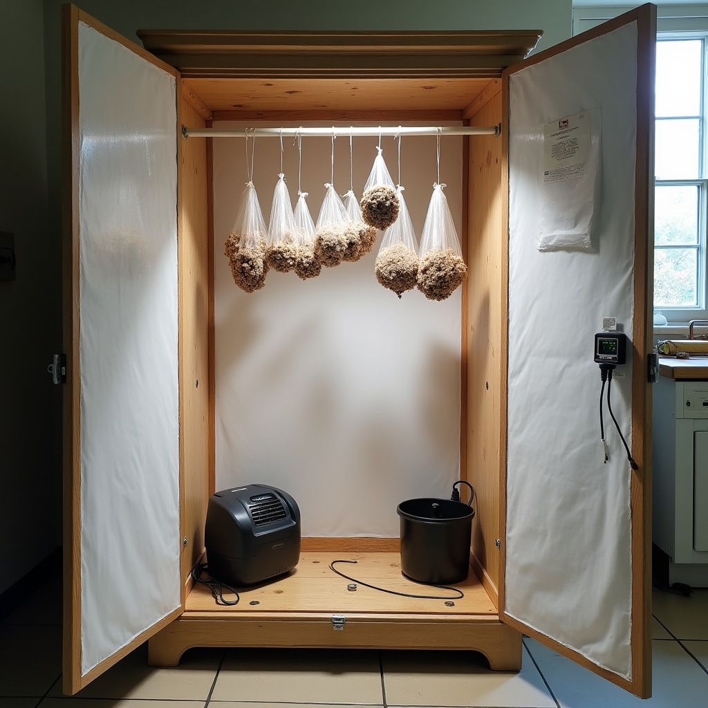 Armario adaptado para cultivo de setas con control de humedad y ventilación en hogar