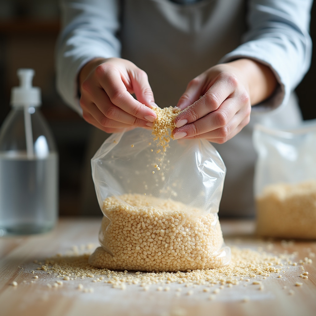 Proceso de inoculación de bolsa de cultivo con spawn de seta ostra en entorno doméstico